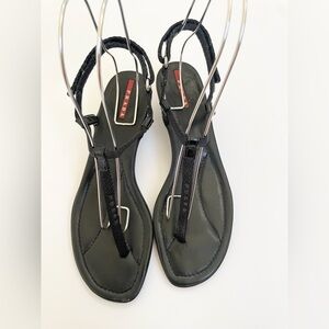 Prada Sport Y2K Black Leather Nylon Logo T-strap Kitten Low Heel Sandals EU 39